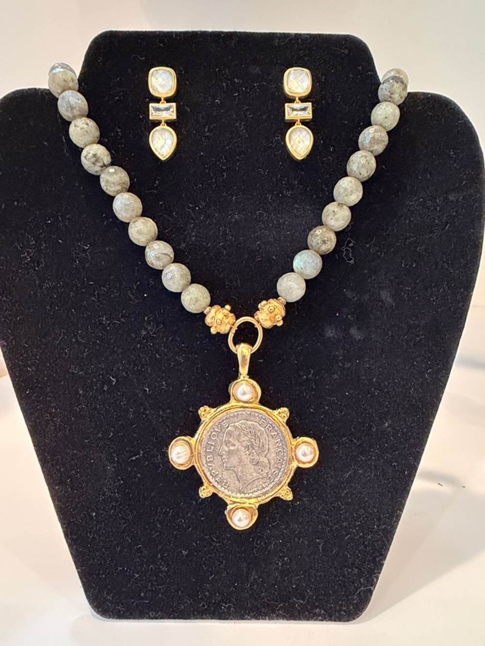 Gold-Tone Coin Pendant Necklace with Green Beaded Chain and Matching Earrings